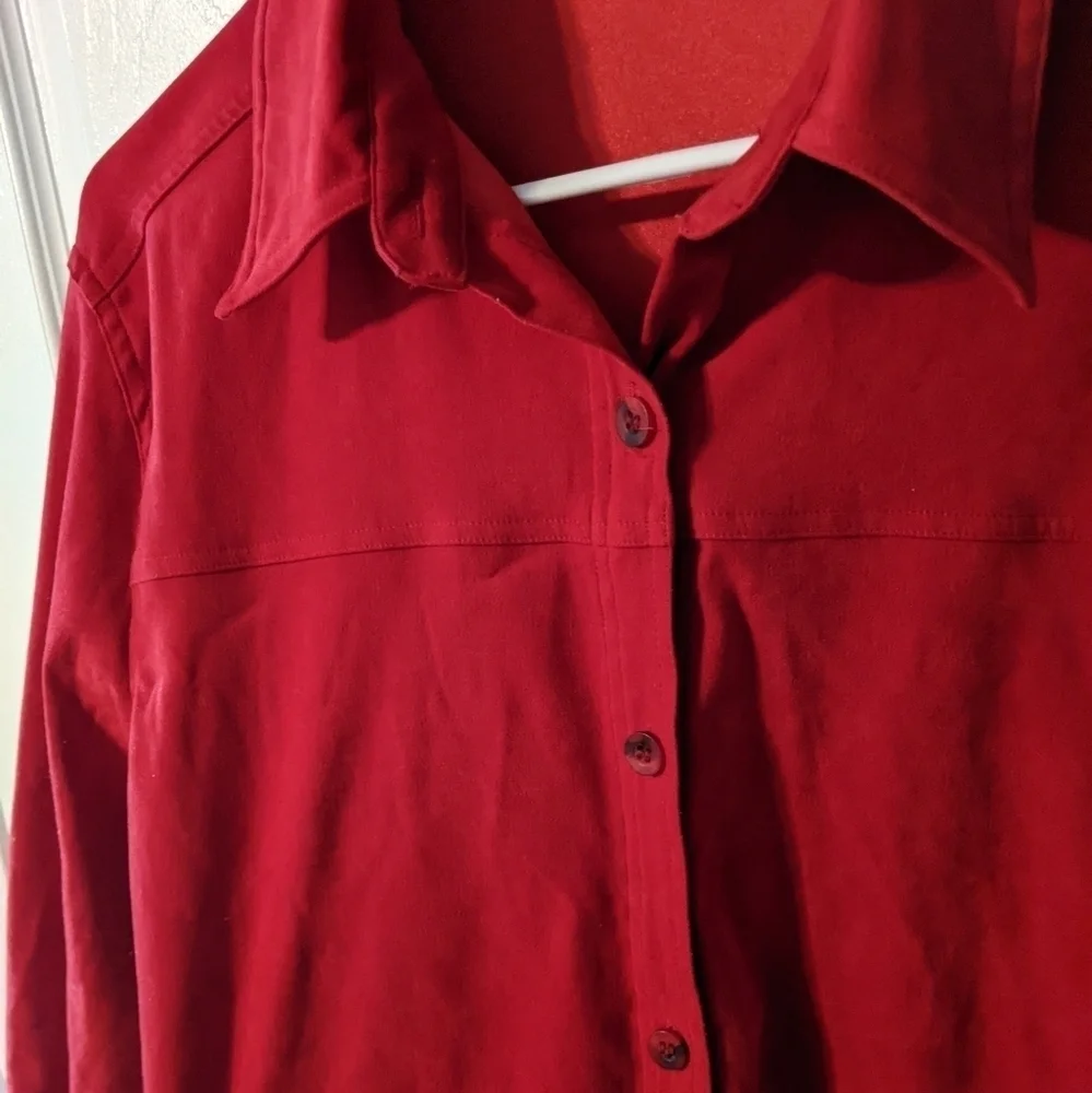 Vintage Faux Suede Joanna Stretch Oversized Red Button Up‎ Blouse Size Medium